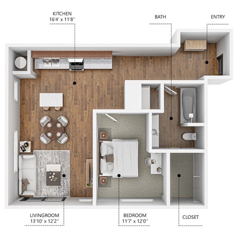 Floor plan for 1 bed, 1 bath, 694 sqft